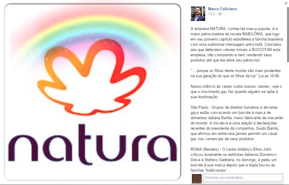Feliciano propõe boicote à Natura por patrocínio a novela com beijo gay -  @aredacao