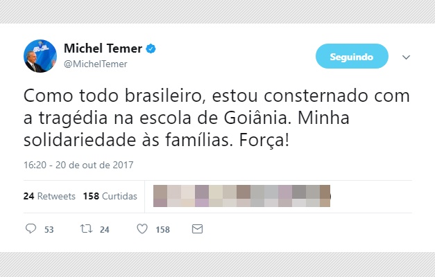"Estou consternado com a tragédia na escola de Goiânia", diz Michel Temer