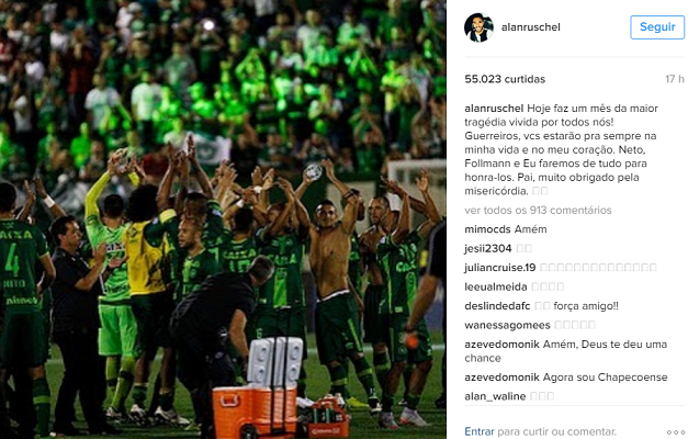 Alan Ruschel lembra um mês de acidente e pede: 'Joguem pelos que se foram'