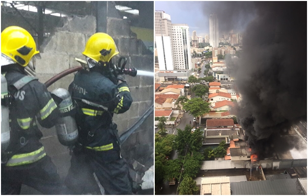Bombeiros combatem incêndio em loja da Tropical Pneus em Goiânia