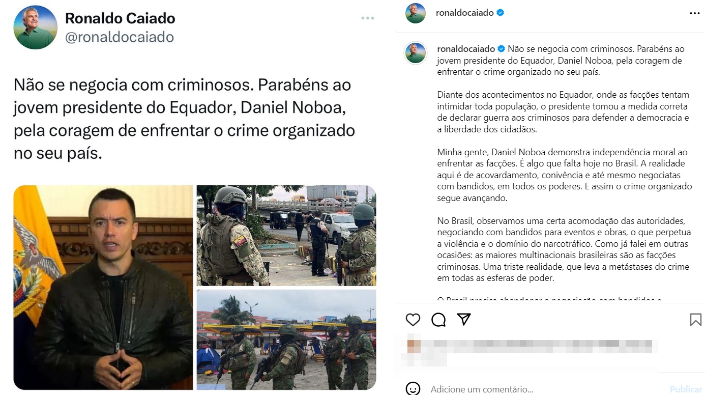 Caiado defende postura do Equador contra o crime e sugere mudança no Brasil