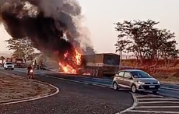 Caminhão carregado de soja pega fogo na BR-364, em São Simão