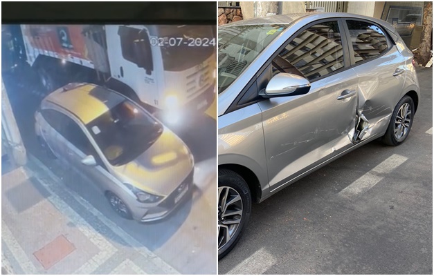 Caminhão da coleta de lixo bate em carro e motorista foge em Goiânia