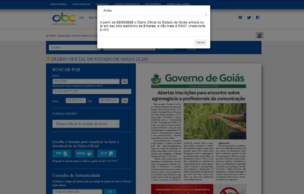 Diário Oficial do Estado terá novo horário de publicação a partir de março