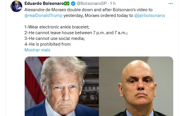 Eduardo posta em inglês que Moraes "dobrou a aposta" contra Bolsonaro