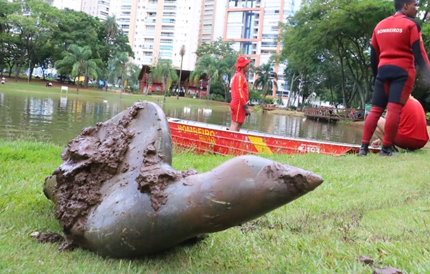 Escultura que caiu no lago do Parque Flamboyant é resgatada