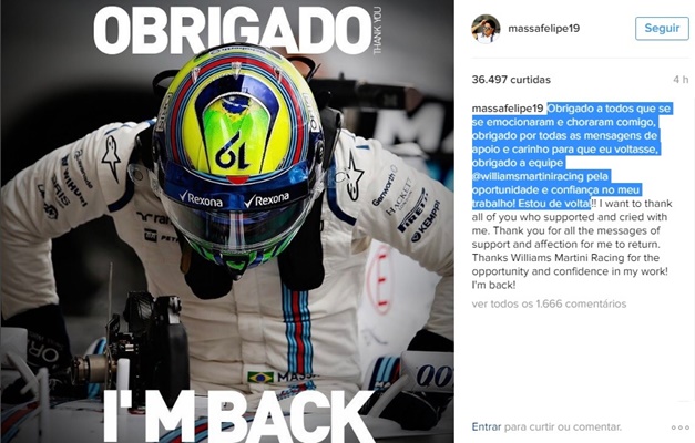 Felipe Massa agradece mensagens de apoio: "Estou de volta"
