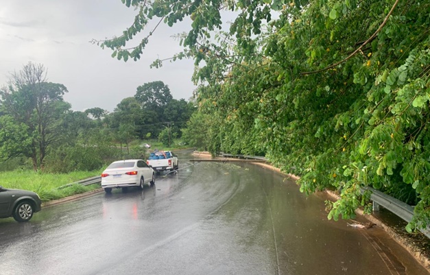 Forte chuva derruba poste em rotatória de Aparecida de Goiânia