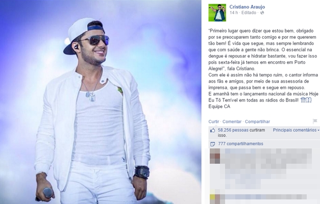 Internado em Goiânia, Cristiano Araújo agradece preocupação dos fãs 