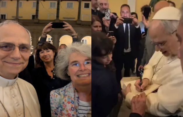 Leão XIV tira selfie com fiéis e dá autógrafo: 'Preciso treinar a nova assinatura'