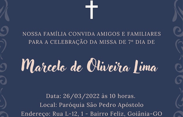 Missa de 7º dia de Marcelo Lima será neste sábado (26/3) em Goiânia
