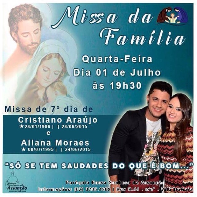 Missa de sétimo dia de Cristiano Araújo e Allana Moraes será nesta 4ª-feira