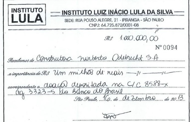 Odebrecht entrega recibos de doação de R$ 4 mi ao Instituto Lula