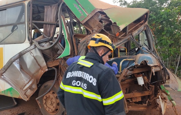 Ônibus com funcionários de usina bate em carreta na GO-341, em Mineiros