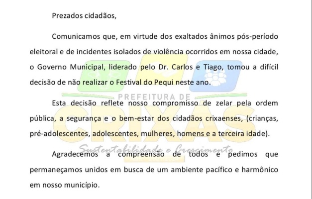 Prefeitura de Crixás cancela Festival do Pequi devido aos "ânimos exaltados"