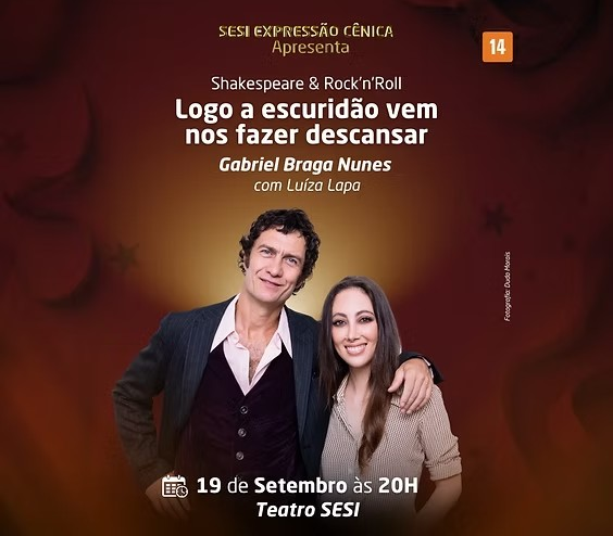 Ator Gabriel Braga apresenta espetáculo Shakespeare & Rock’n’Roll em Goiânia
