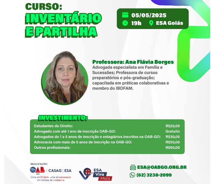 ESA/GO promove curso em Goiânia sobre inventário e partilha 