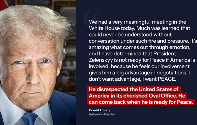 Trump: Zelensky desrespeitou os EUA e pode voltar quando estiver pronto para paz